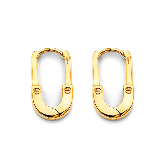 14K Yellow Gold Screw-Detail Paperclip Huggie Hoop Earrings 3/4" tall