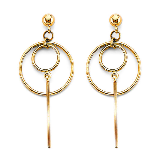 14K Yellow Gold Geometric Circle and Bar Dangle Earrings 1 1/2" tall