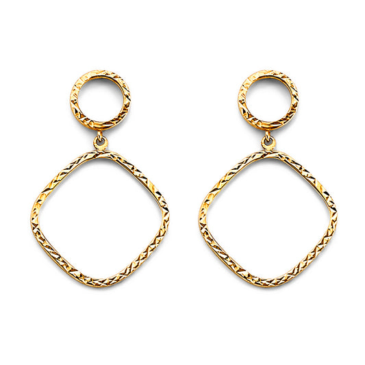 14K Yellow Gold Diamond-Cut Circle and Soft-Square Dangle Earrings 1" tall