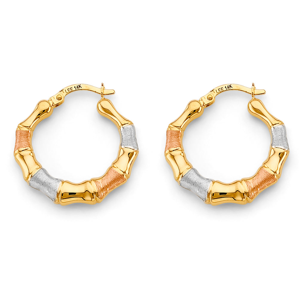 14K Tri-Color Gold Bamboo Style Hoop Earrings