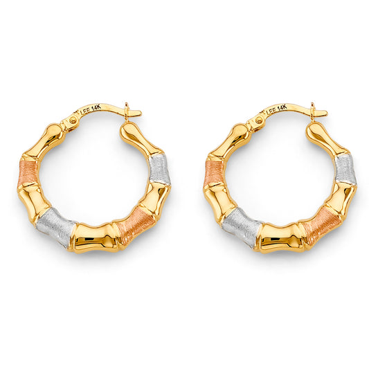 14K Tri-Color Gold Bamboo Style Hoop Earrings
