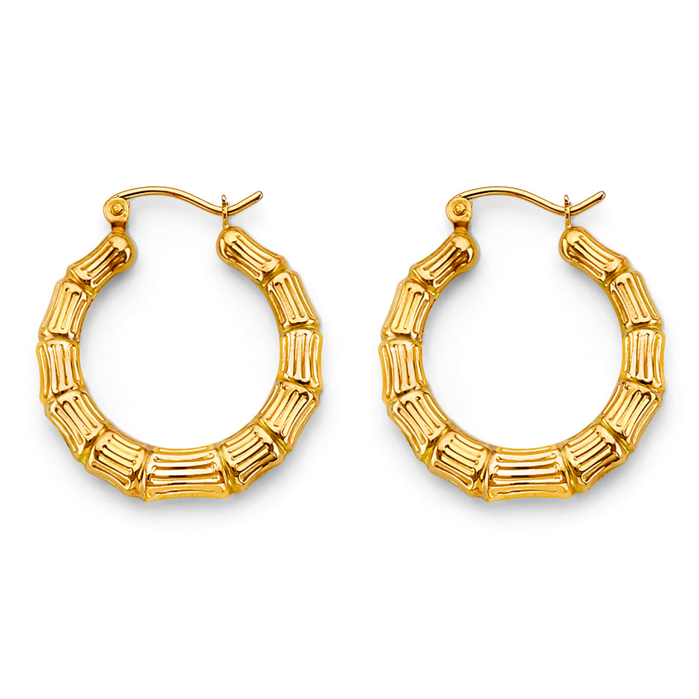 14K Yellow Gold Bamboo Design Hoop Earrings