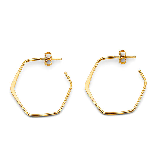 14K Yellow Gold High-Polished Geometric Hexagon Hoop Earrings aprox 3/4" tall