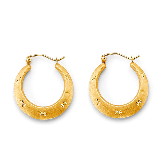 14K Yellow Gold Sandblast Hoop Earrings with Diamond-Cut Star Accents aprox 3/4" in diameter