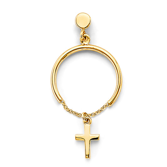 14K Yellow Gold Round Hoop Earring with High-Polished Cross Dangle aprox 1 1/2" tall
