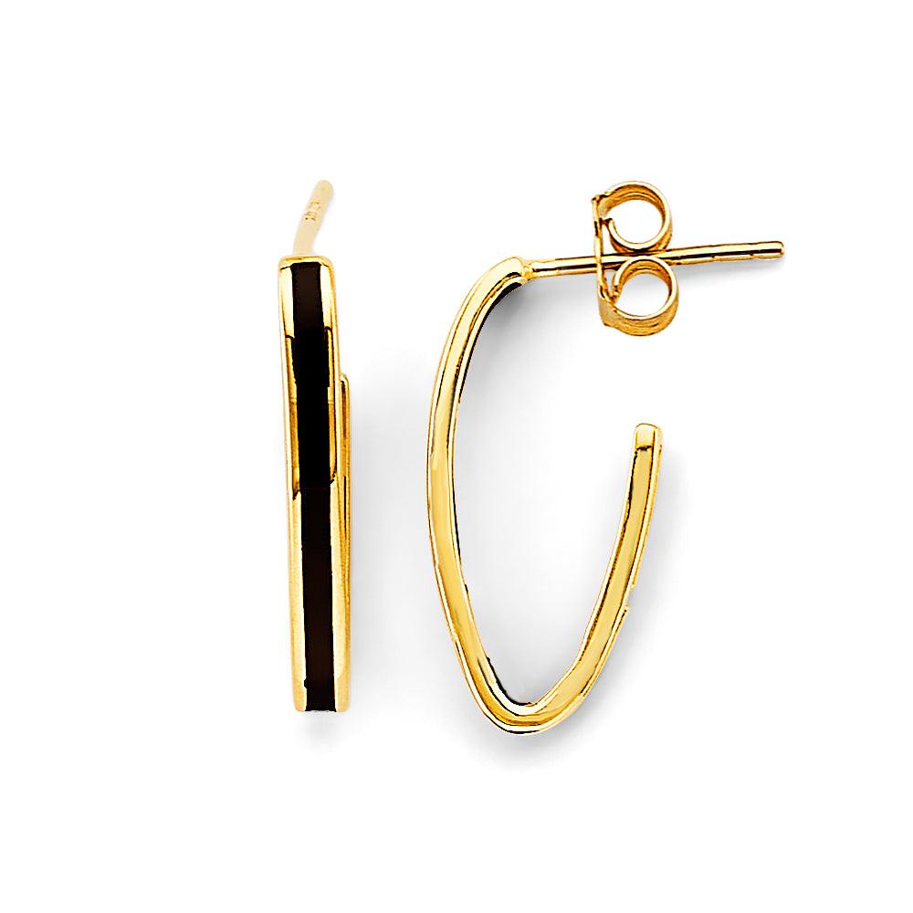 14K Yellow Gold Black Enamel U-Hoop Earrings aprox 1" tall