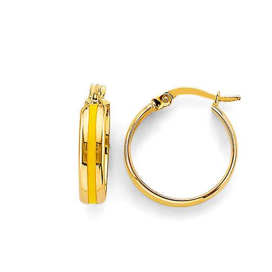 14K Yellow Gold Yellow Enamel Hoop Earrings aprox 1/2" in diameter