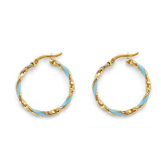 14K Yellow Gold Light Blue Enamel Twisted Hoop Earrings aprox 1" in diameter