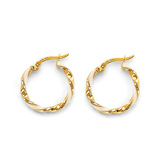 14K Yellow Gold White Enamel Twisted Hoop Earrings aprox 3/4" in diameter