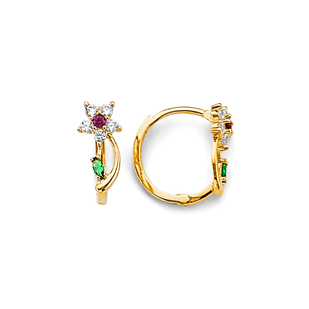 14K Yellow Gold Children’s Multicolor CZ Flower Hoop Earrings