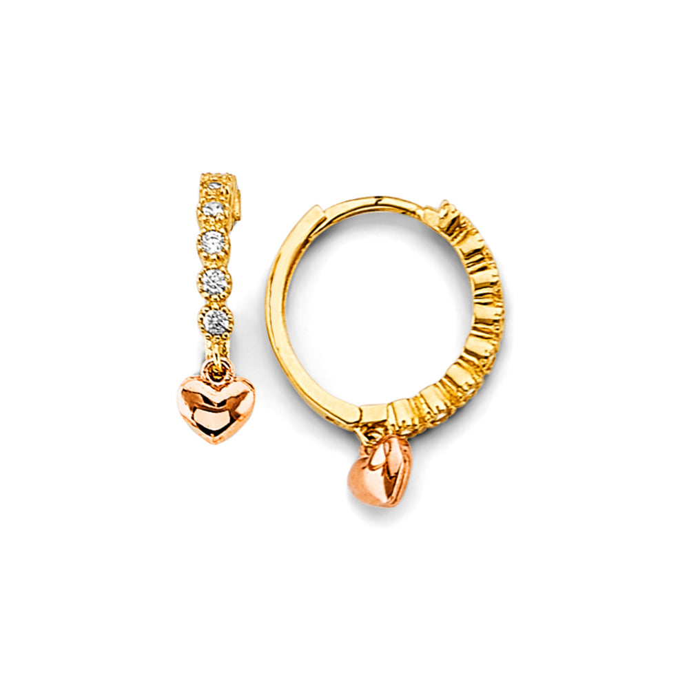 14K Two-Tone Gold Children’s CZ Dangle Heart Hoop Earrings