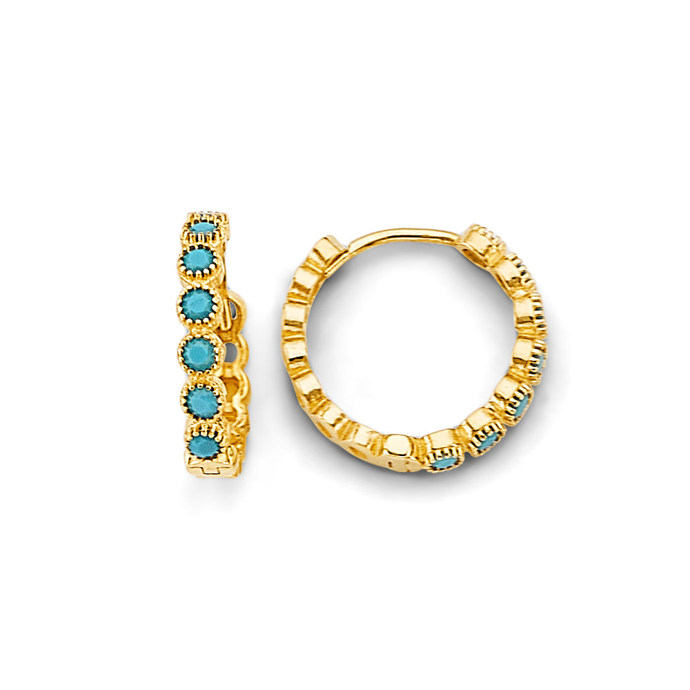 14K Yellow Gold Turquoise CZ Beaded Huggie Earrings