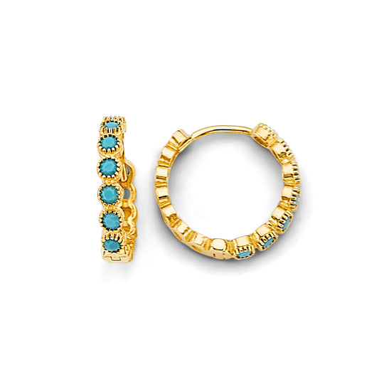 14K Yellow Gold Turquoise CZ Beaded Huggie Earrings