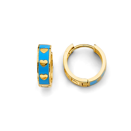 14K Yellow Gold Blue Enamel Heart Huggie Earrings