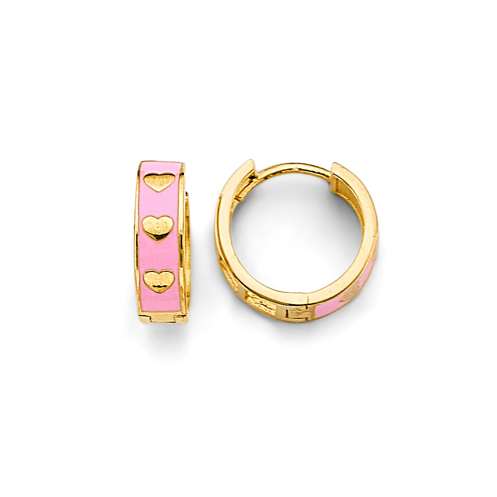 14K Yellow Gold Pink Enamel Heart Huggie Earrings
