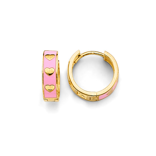14K Yellow Gold Pink Enamel Heart Huggie Earrings