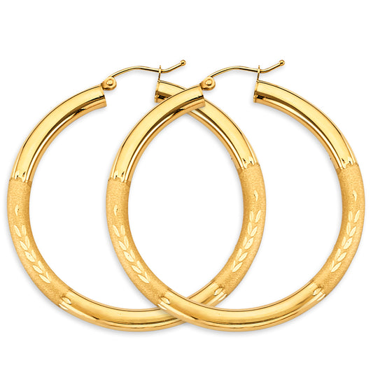 14K Yellow Gold Polished & Satin Hoop Earrings 3.8mm thick aprox 1 3/4" in diameter