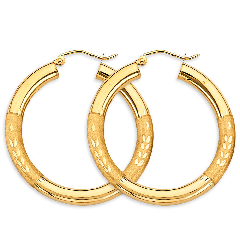 14K Yellow Gold Polished & Satin Hoop Earrings 3.8mm thick aprox 1.5" in diameter