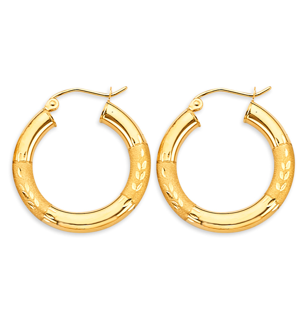 14K Yellow Gold Polished & Satin Hoop Earrings 3.8mm thick aprox 1" in diameter