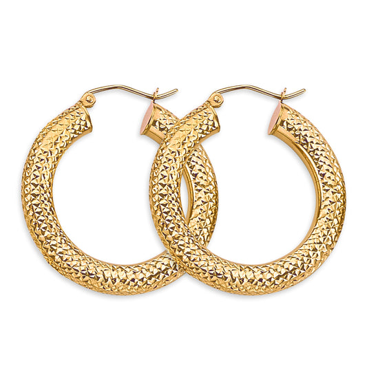 14K Yellow Gold Diamond-Cut Hoop Earrings 4.5mm thick aprox 1 1/4" in diameter