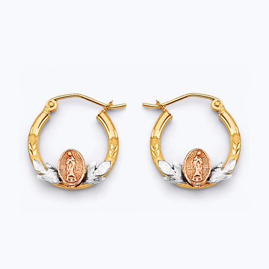 14K Tri-Color Gold Round Guadalupe Design Hoop Earrings aprox 1/2 " in diameter