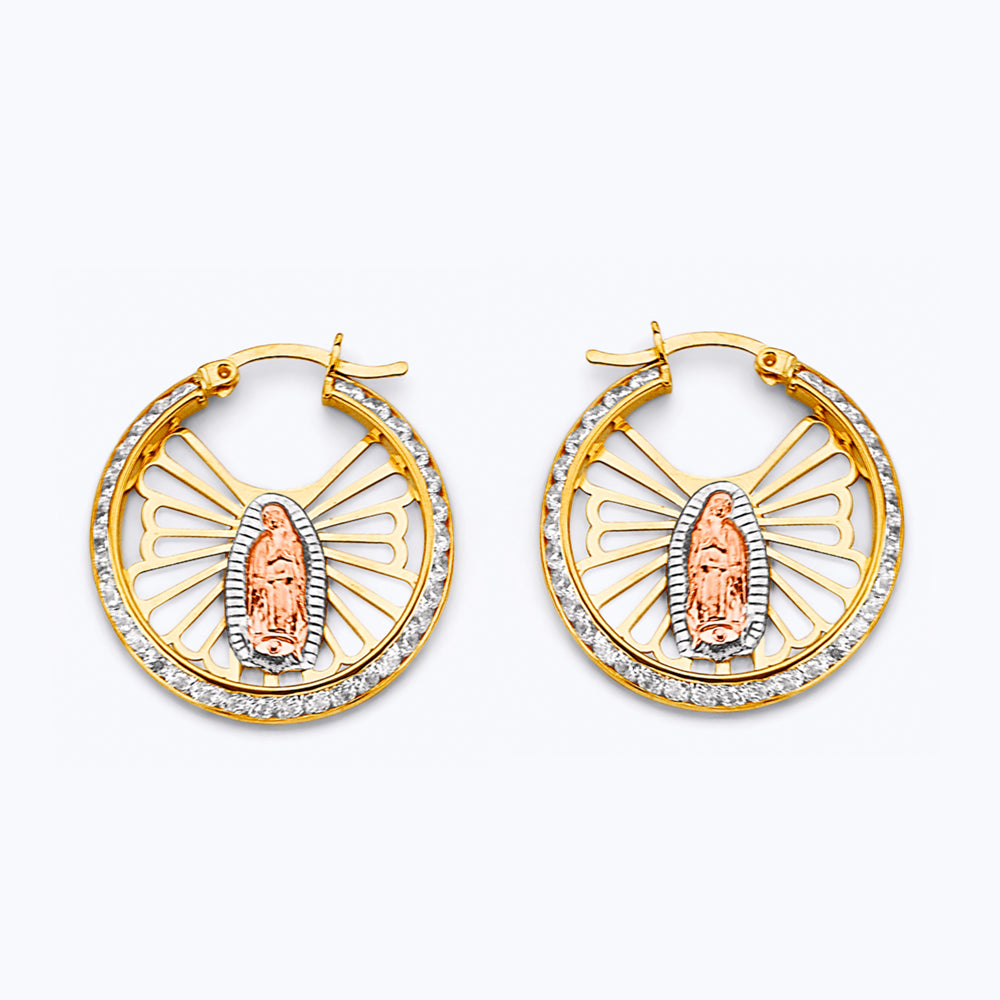 14K Tri-Color Gold Guadalupe Design Hoop Earrings aprox 1" in diameter