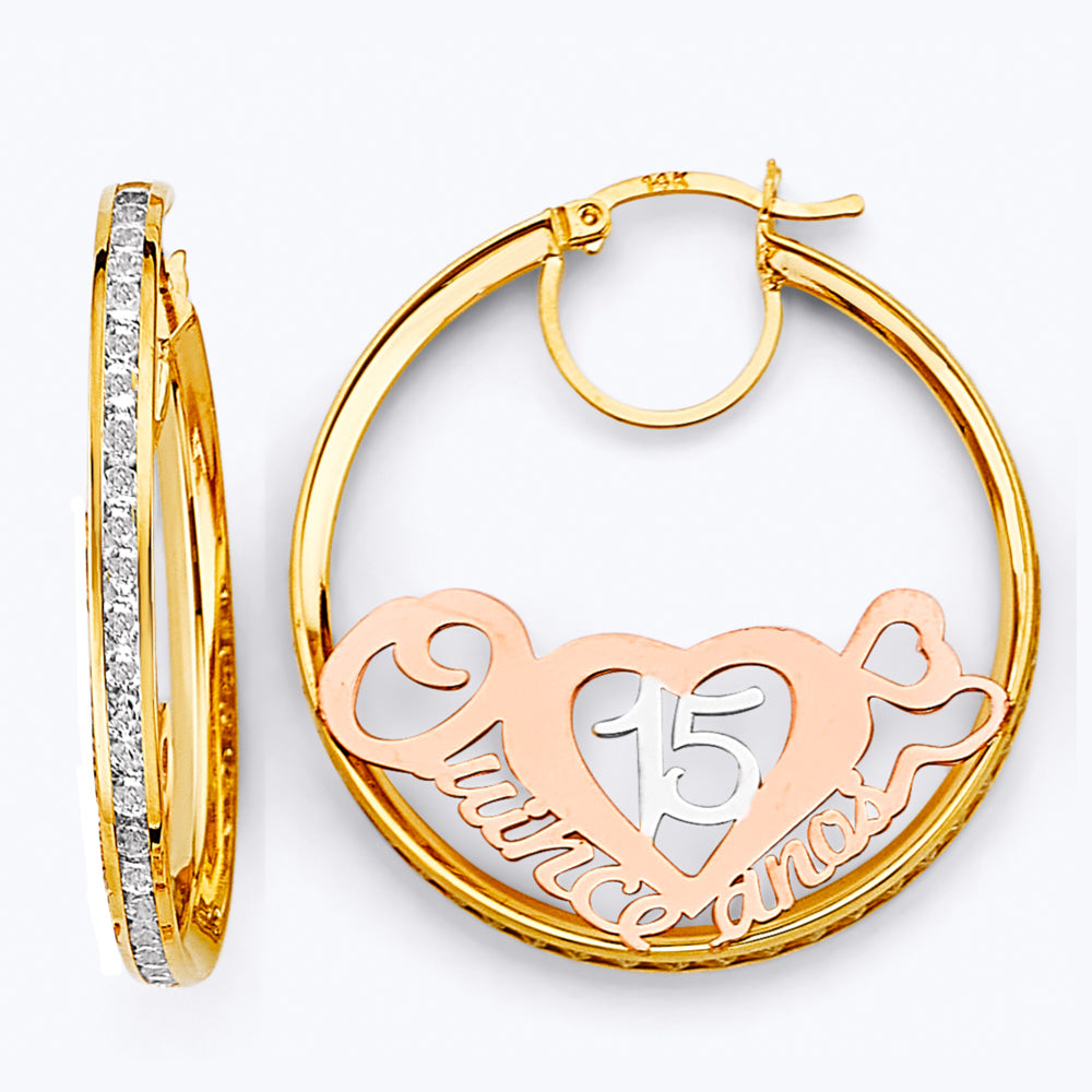 14K Tri-Color Gold Quince Años Heart Design Hoop Earrings aprox 1 1/4" in diameter