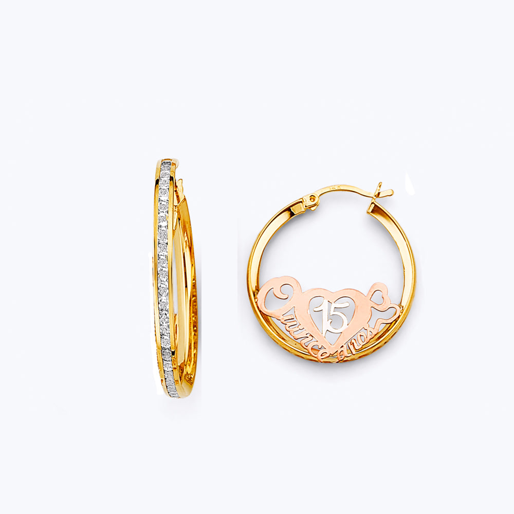 14K Tri-Color Gold Quince Años Heart Design Hoop Earrings aprox 1" in diameter