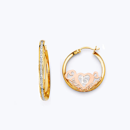 14K Tri-Color Gold Quince Años Heart Design Hoop Earrings aprox 1" in diameter