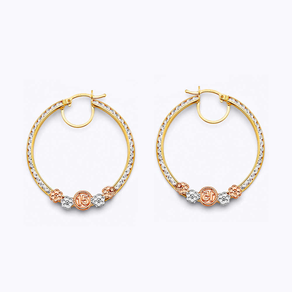 14K Tri-Color Gold Quince Años CZ Hoop Earrings aprox 1 1/4" in diameter