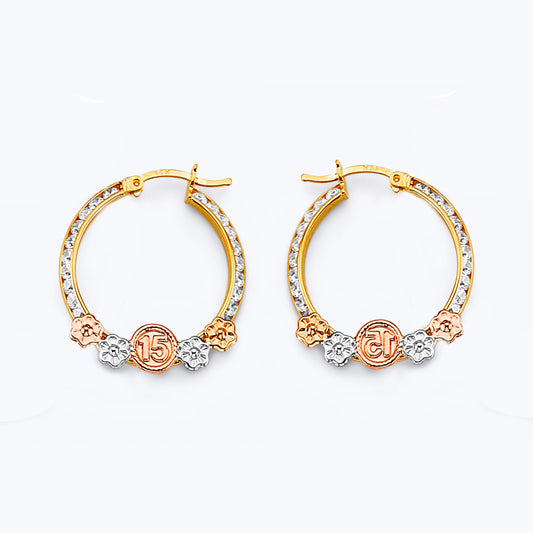 14K Tri-Color Gold Quince Años CZ Hoop Earrings aprox 1" in diameter