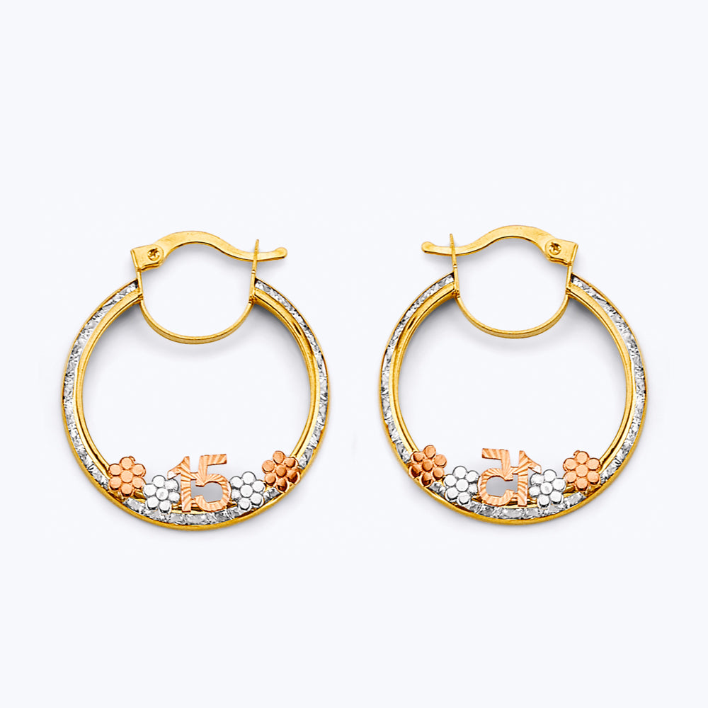 14K Tri-Color Gold Quince Años CZ Hoop Earrings aprox 1" in diameter