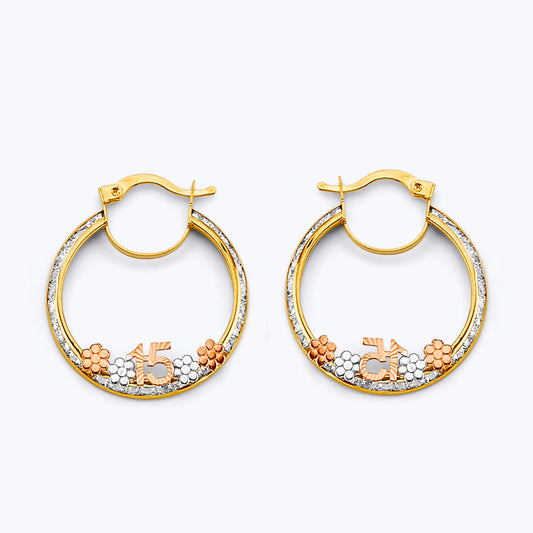 14K Tri-Color Gold Quince Años CZ Hoop Earrings aprox 1" in diameter