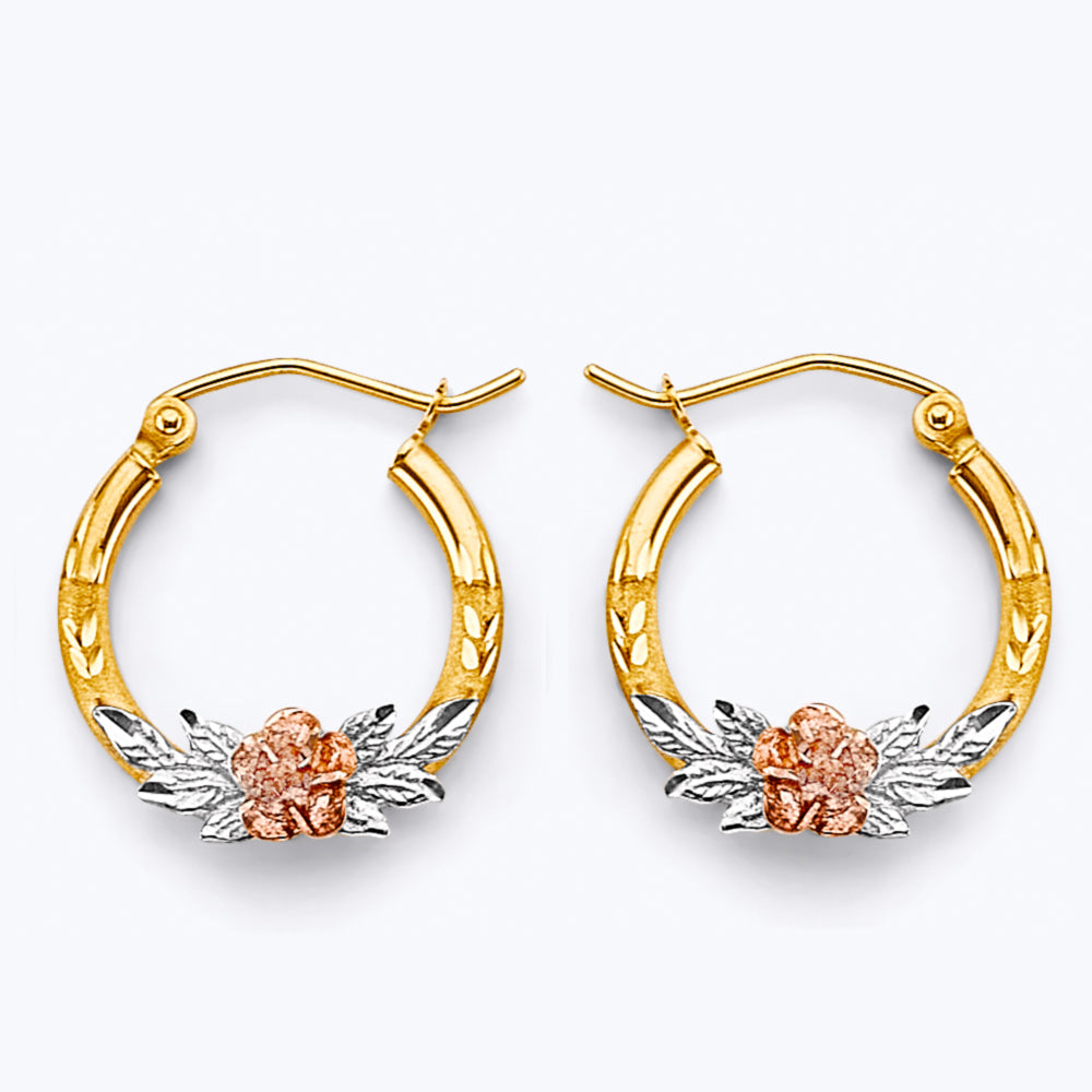 14K Tri-Color Gold Round Hoop Earrings with Flower Design aprox 3/4" in diameter