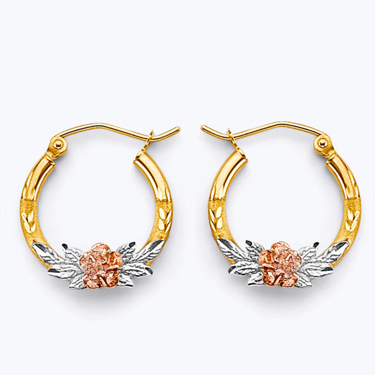 14K Tri-Color Gold Round Hoop Earrings with Flower Design aprox 3/4" in diameter