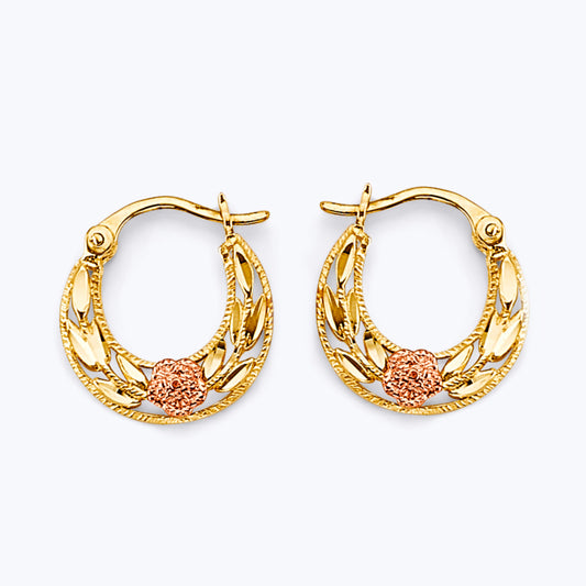 14K Two-Tone Gold Filigree Hoop Earrings with Rose Gold Floral Accent aprox 1/2"