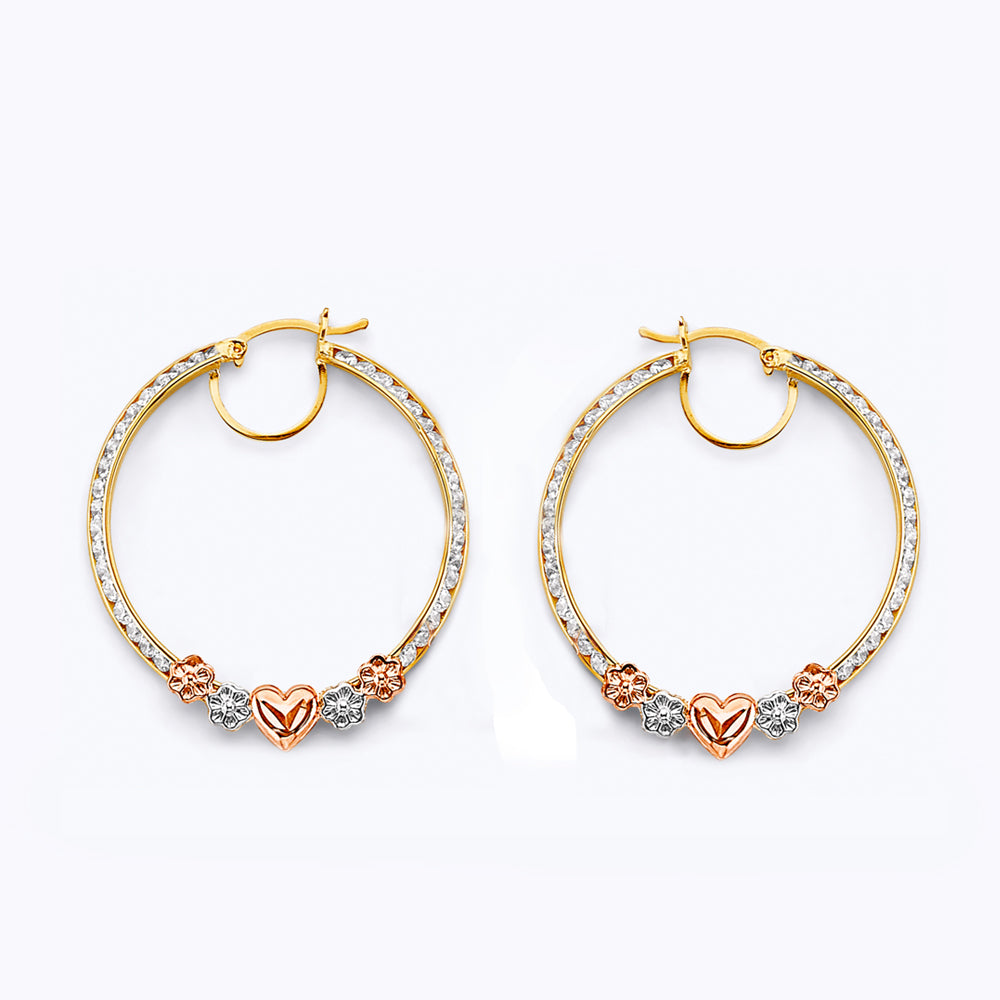 14K Tri-Color Gold Heart and Flower CZ Hoop Earrings aprox 1 1/4" in diameter