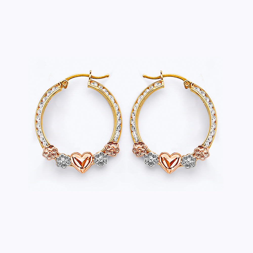 14K Tri-Color Gold Heart and Flower CZ Hoop Earrings aprox 1" in diameter
