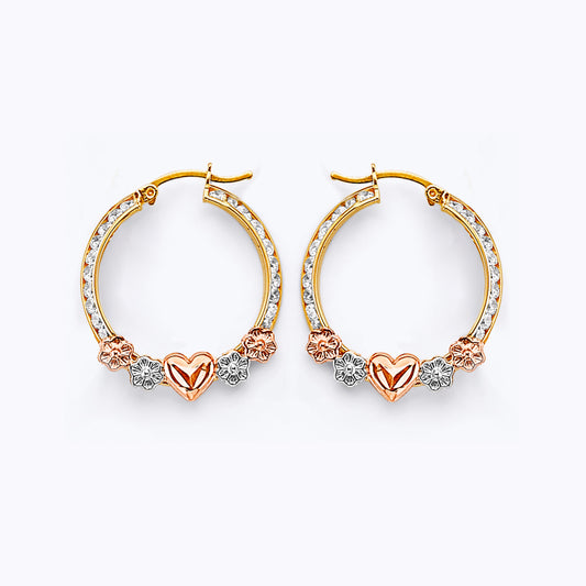 14K Tri-Color Gold Heart and Flower CZ Hoop Earrings aprox 1" in diameter