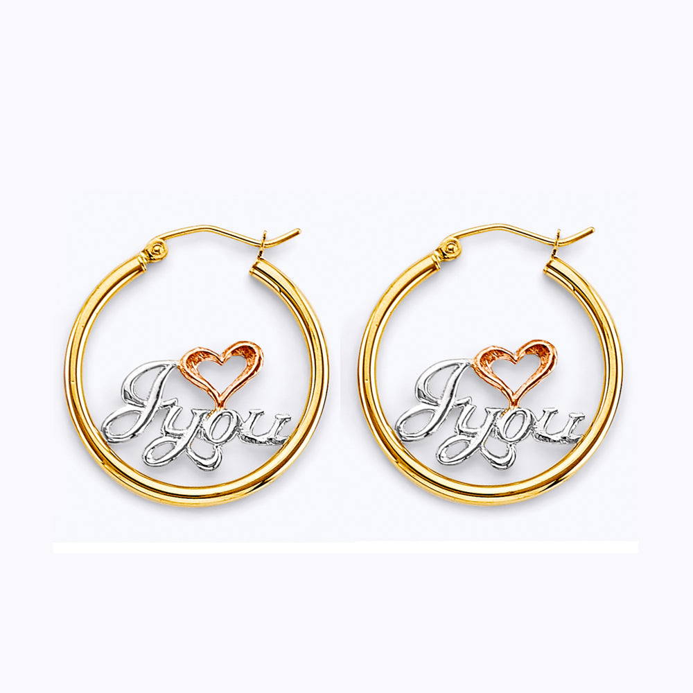 14K Two-Tone Gold MoM Heart Design Hoop Earrings aprox 1" in diameter