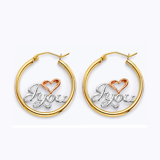 14K Two-Tone Gold MoM Heart Design Hoop Earrings aprox 1" in diameter
