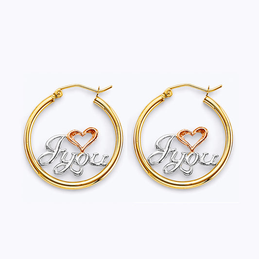 14K Tri-Color Gold Heart I Love You Hoop Earrings aprox 1" in diameter
