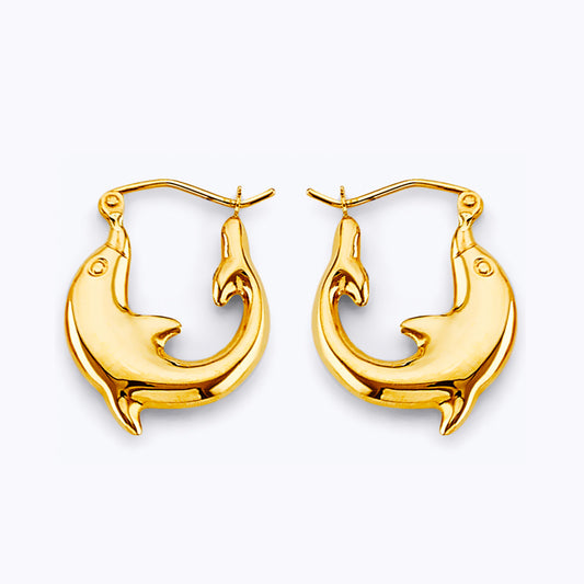 14K Yellow Gold Dolphin Hoop Earrings aprox 3/4" in diameter