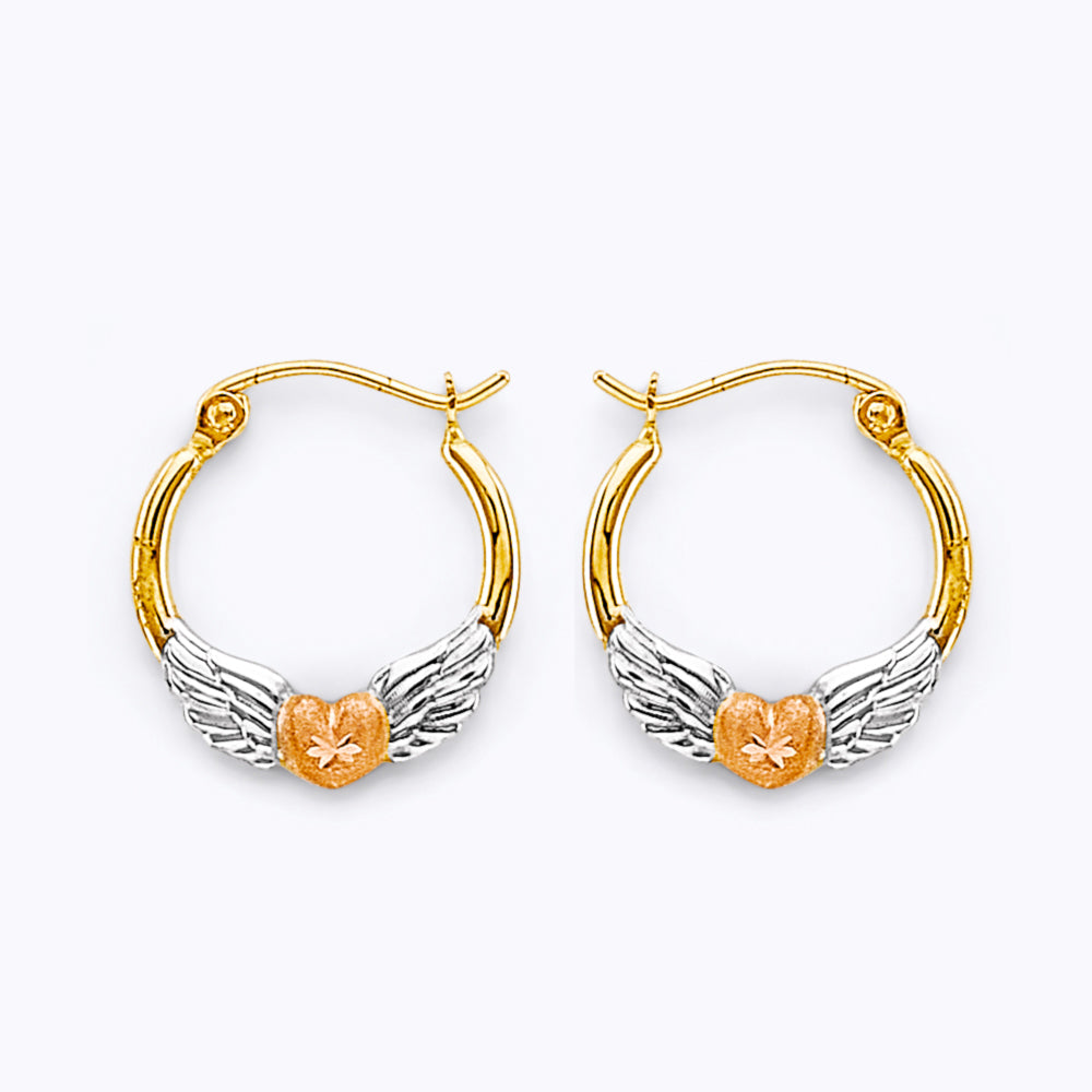 14K Tri-Color Gold Winged Heart Hoop Earrings aprox 1/2" in diameter