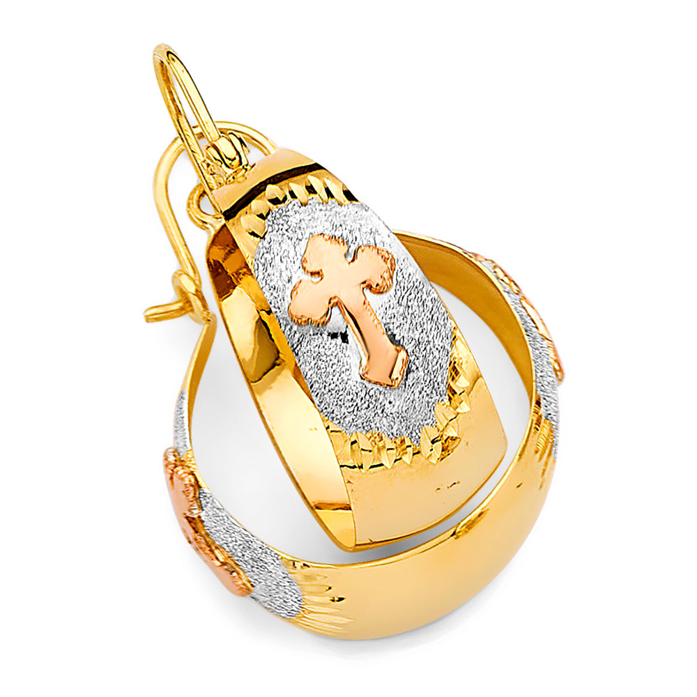 14K Tri-Color Gold Women’s Cross Diamond-Cut Hoop Earrings aprox 1 1/4" tall