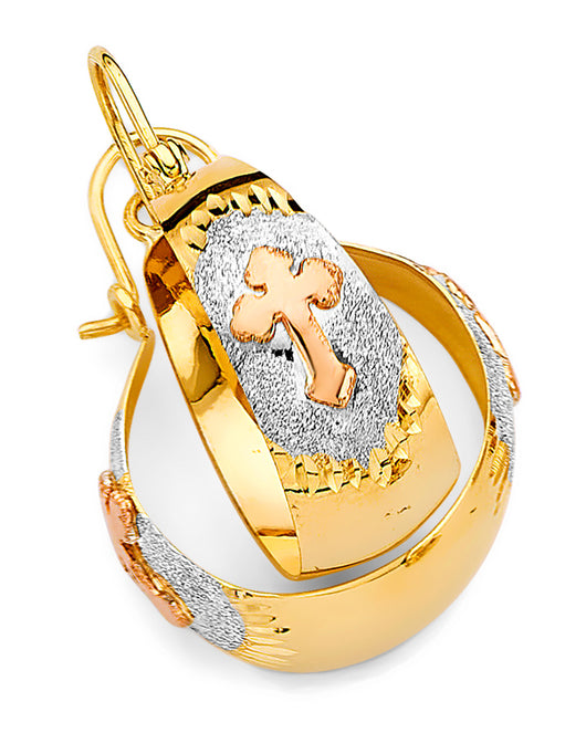 14K Tri-Color Gold Women’s Cross Diamond-Cut Hoop Earrings aprox 1 1/4