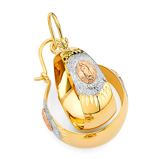14K Tri-Color Gold Women’s Virgin Guadalupe Diamond-Cut Hoop aprox 1 1/4" tall Earrings