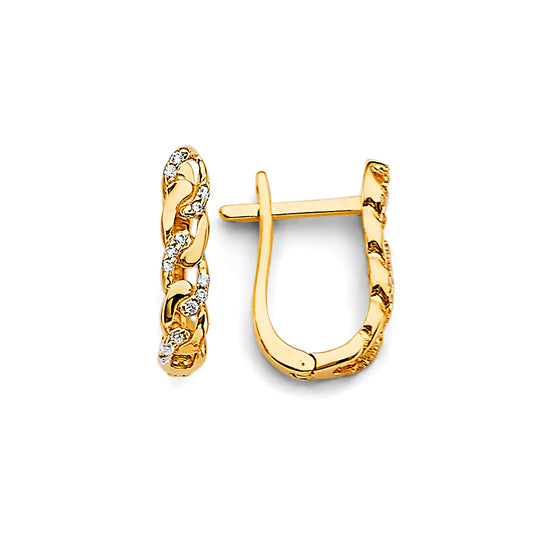 14K Yellow Gold Cuban Link Design CZ Hoop Earrings aprox 3/4" tall