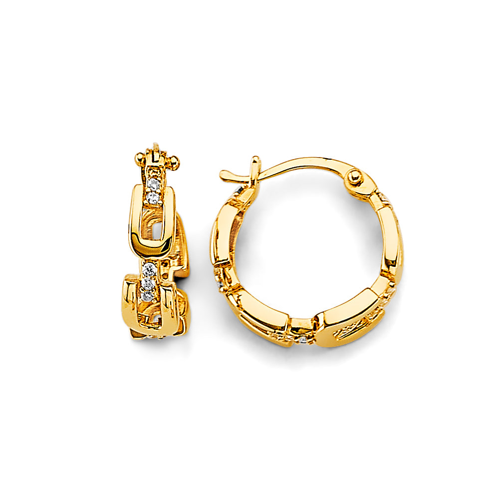 14K Yellow Gold CZ Accented Link-Design Hoop Earrings aprox 1/2" in diameter
