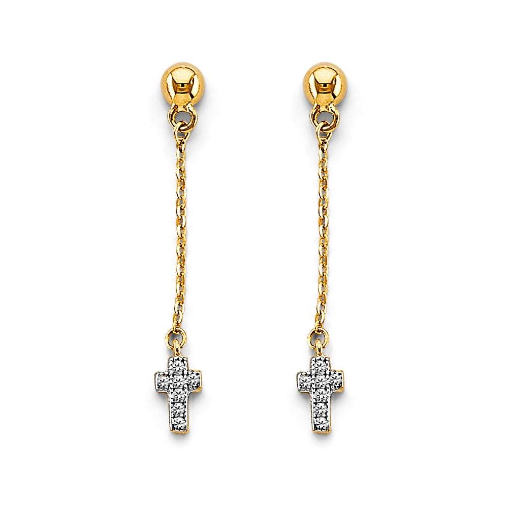 14K Yellow Gold Dangle Cross CZ Earrings